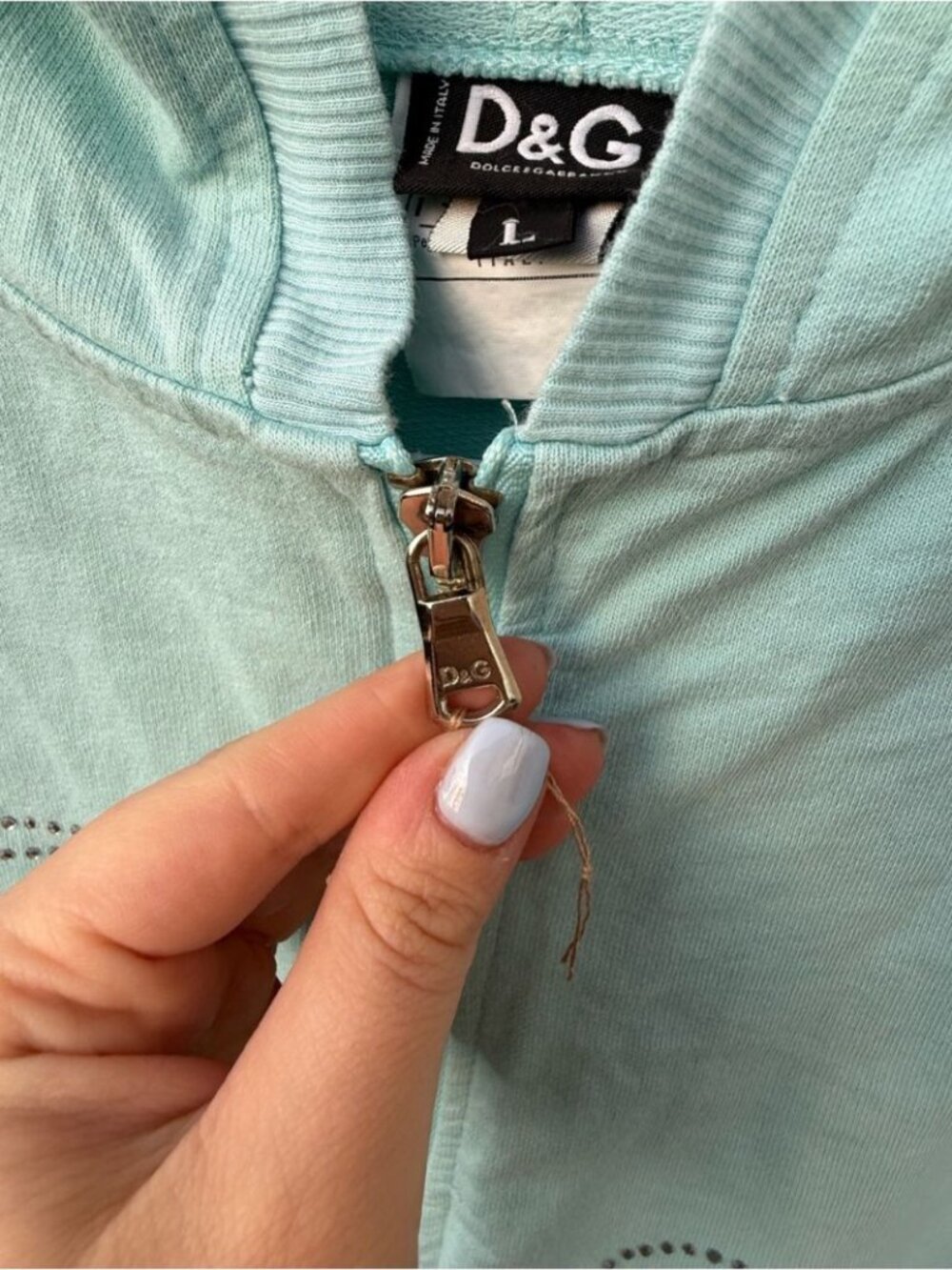 D&G Y2K Light Aqua Blue Embellished Cotton Rare Zip-Up Hoodie - Picture 6 of 10